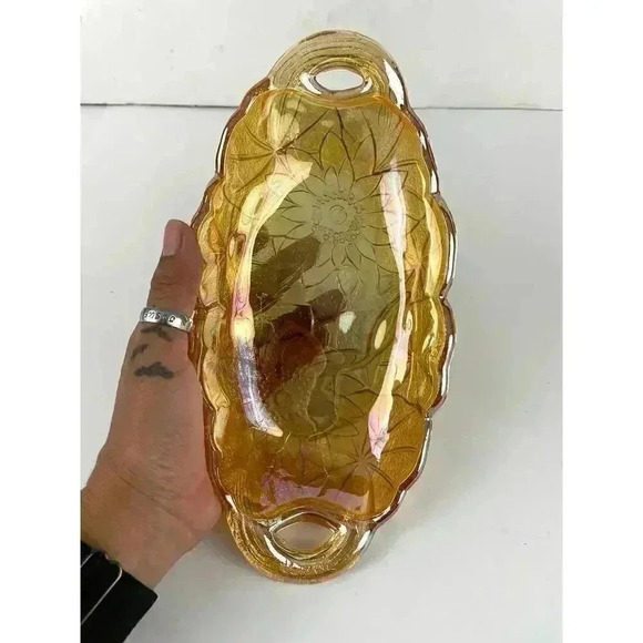 VTG Indiana Carnival Glass Marigold Trinket Dish Handles Embossed Floral Oval - Picture 6 of 11